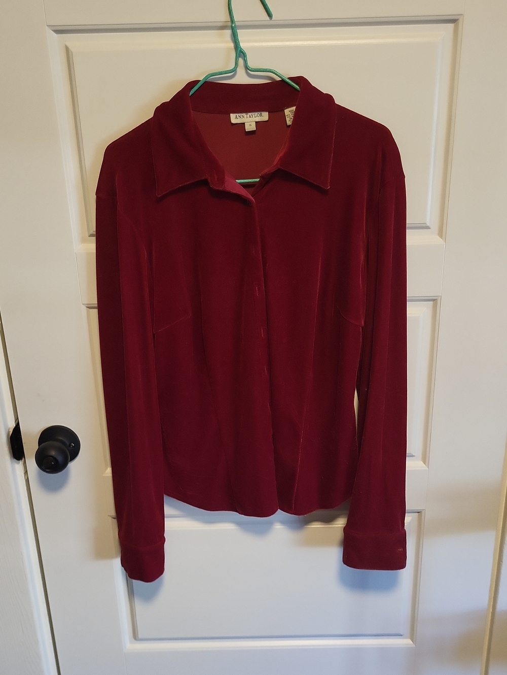 Ann Taylor Button-Front Velvet Shirt in Deep Wine